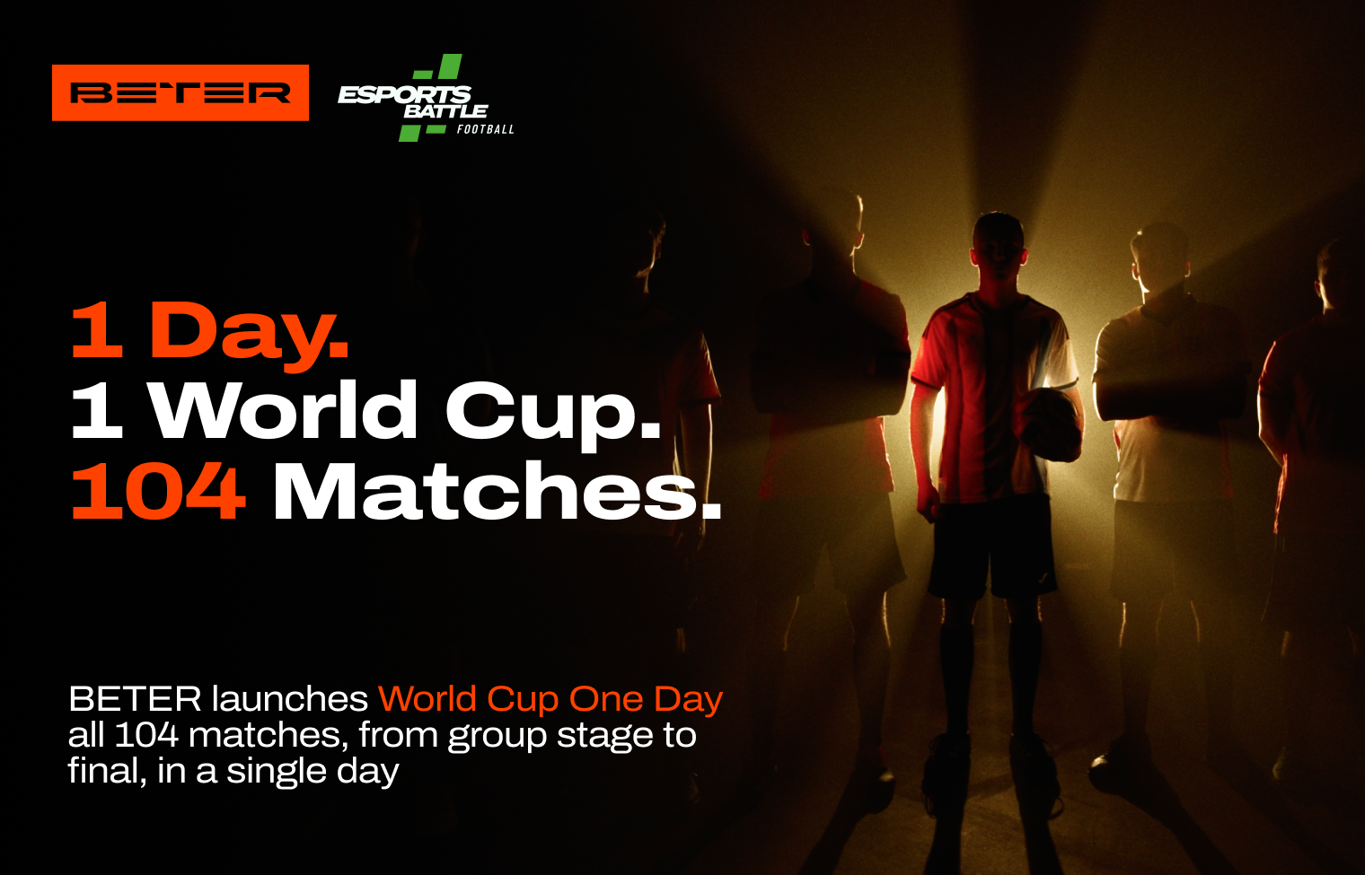 A promotional image for BETER's new eFootball tournament format shows football players in silhouette set against bright stage lighting.