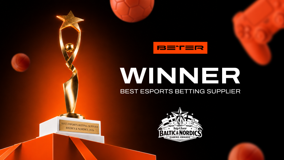 BETER winner banner for Best Esports Betting Supplier at the HIPTHER Baltic & Nordics Gaming Awards 2026, featuring a golden trophy cup, BETER logo, and gaming elements.